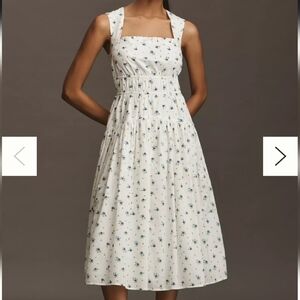 Avec Les Filles Blue Floral Smocked Waist Square Neck Midi Dress XS